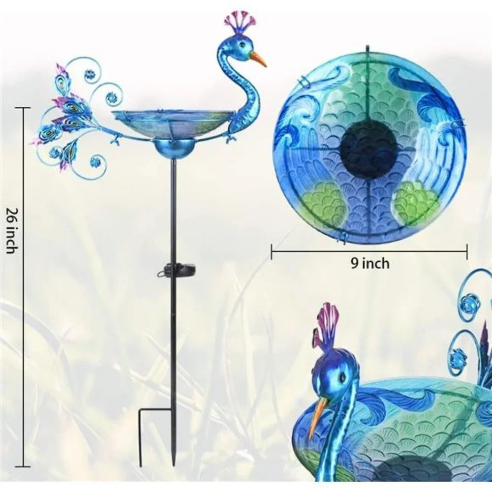 Outdoor Bird Bath Solar Birdbath Small Birdfeeder with Peacock Metal Stake